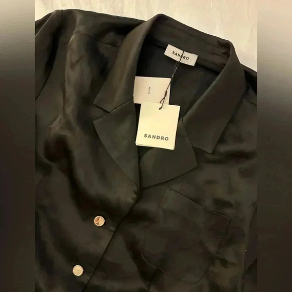 SANDRO Short Openwork Black Satin dress, Size 4, button down, collar. - Picture 6 of 8